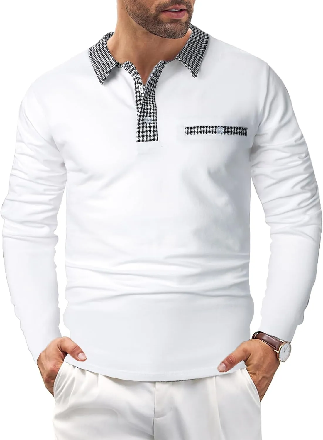 Mens Long Sleeve Polo Shirts with Collar Houndstooth Casual Slim fit Golf Fall Winter Cotton T Shirts Tops for Men