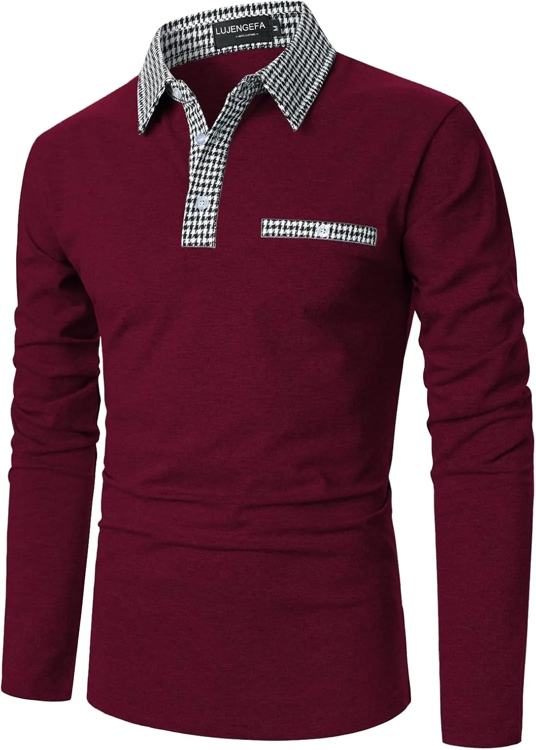 Mens Long Sleeve Polo Shirts with Collar Houndstooth Casual Slim fit Golf Fall Winter Cotton T Shirts Tops for Men