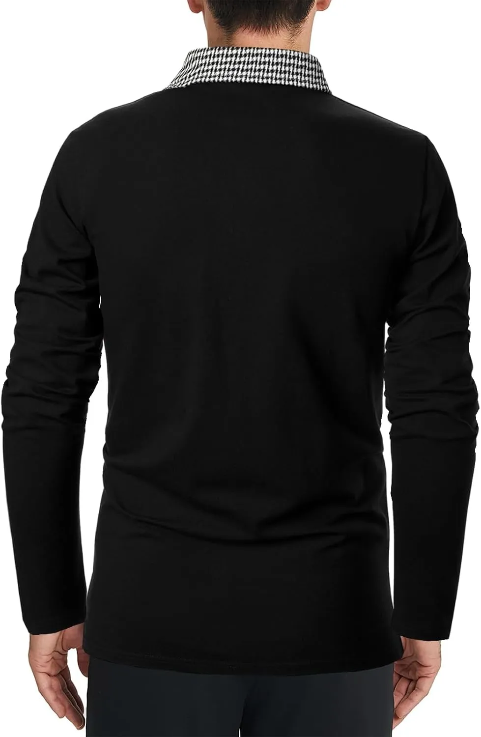 Mens Long Sleeve Polo Shirts with Collar Houndstooth Casual Slim fit Golf Fall Winter Cotton T Shirts Tops for Men