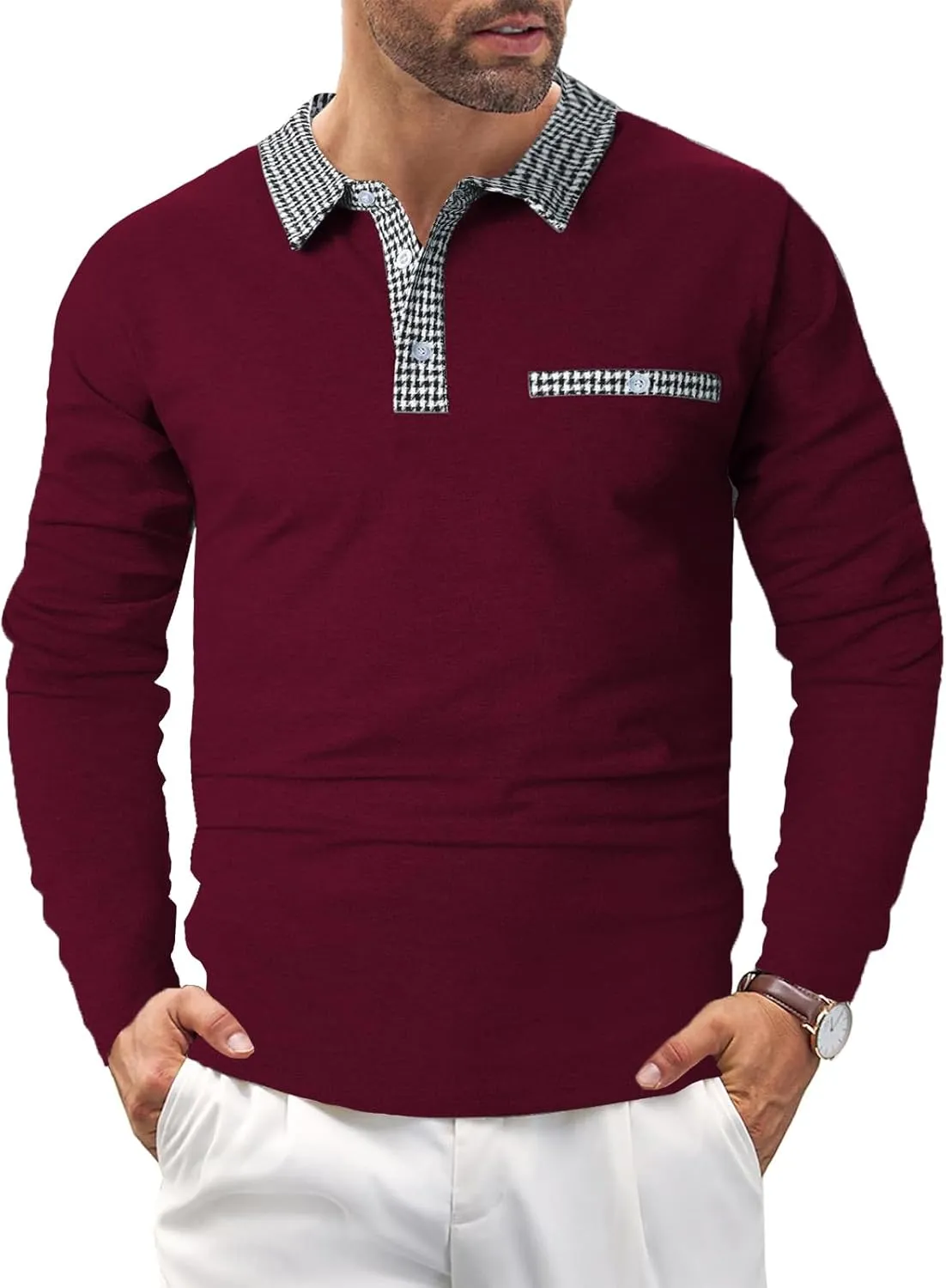 Mens Long Sleeve Polo Shirts with Collar Houndstooth Casual Slim fit Golf Fall Winter Cotton T Shirts Tops for Men