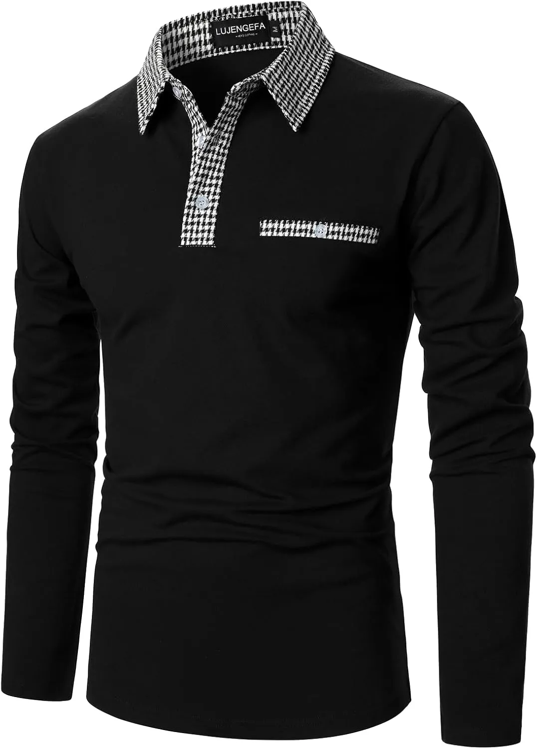 Mens Long Sleeve Polo Shirts with Collar Houndstooth Casual Slim fit Golf Fall Winter Cotton T Shirts Tops for Men