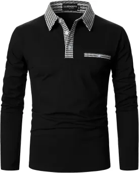 Mens Long Sleeve Polo Shirts with Collar Houndstooth Casual Slim fit Golf Fall Winter Cotton T Shirts Tops for Men