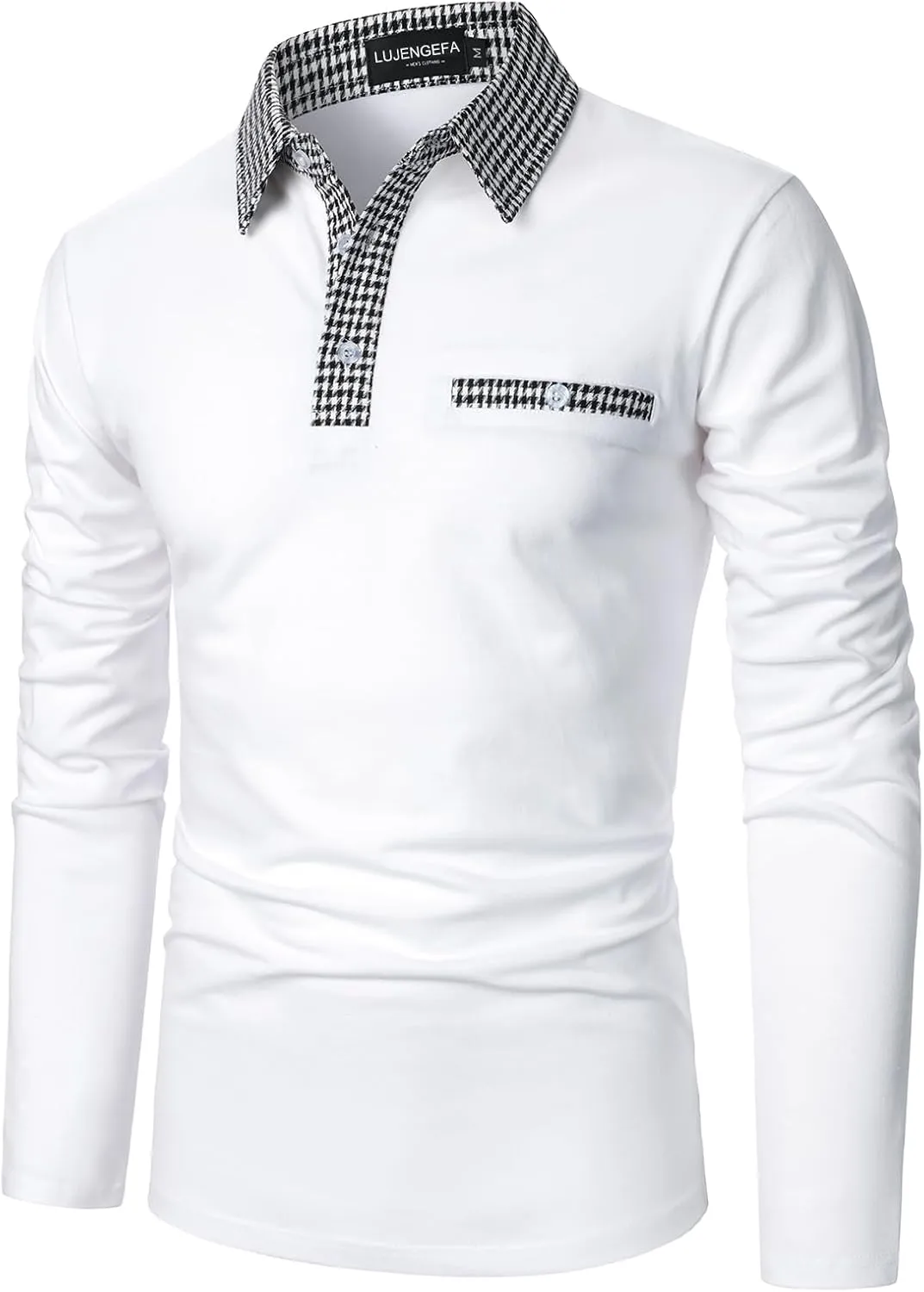 Mens Long Sleeve Polo Shirts with Collar Houndstooth Casual Slim fit Golf Fall Winter Cotton T Shirts Tops for Men