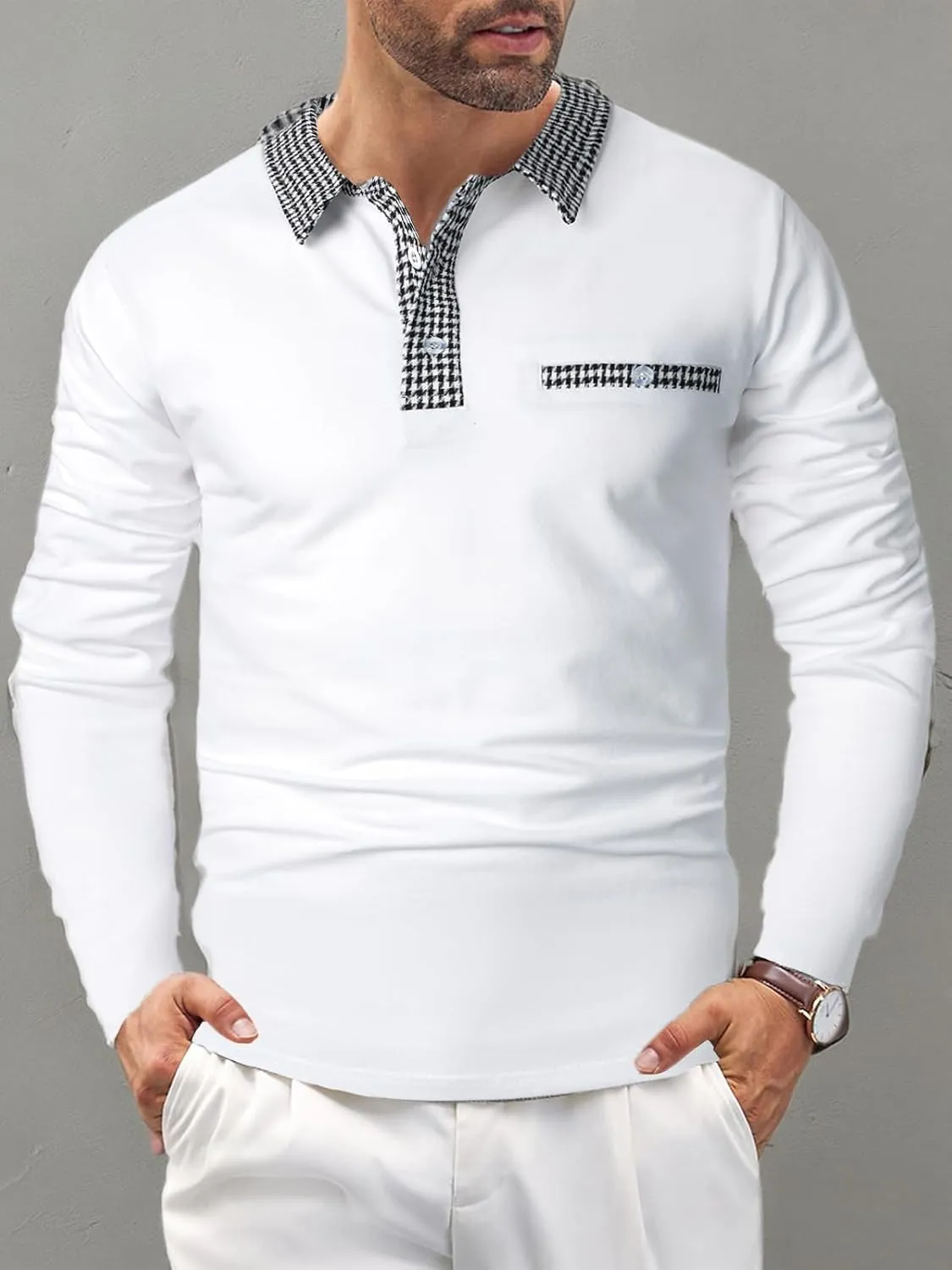 Mens Long Sleeve Polo Shirts with Collar Houndstooth Casual Slim fit Golf Fall Winter Cotton T Shirts Tops for Men