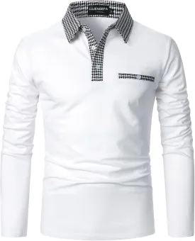 Mens Long Sleeve Polo Shirts with Collar Houndstooth Casual Slim fit Golf Fall Winter Cotton T Shirts Tops for Men