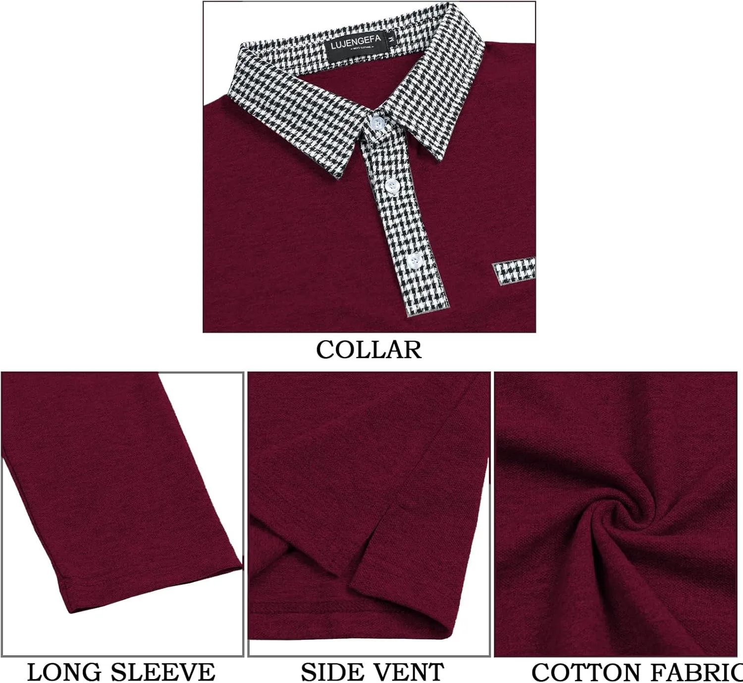 Mens Long Sleeve Polo Shirts with Collar Houndstooth Casual Slim fit Golf Fall Winter Cotton T Shirts Tops for Men