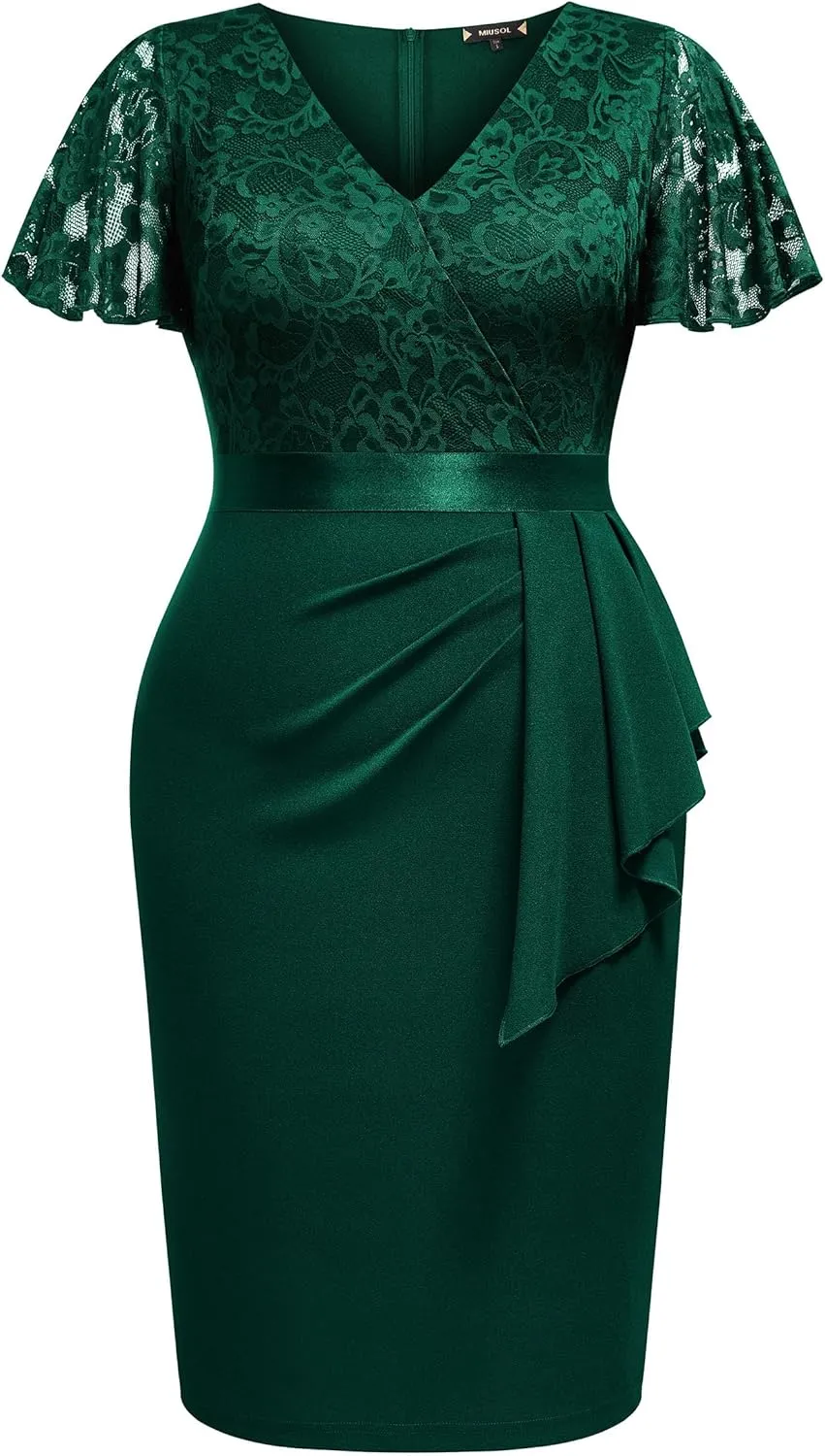 Miusol Women's Plus Size Lace Chiffon V Neck Wedding Guest Elegant Butterfly Sleeves Cocktail Dress