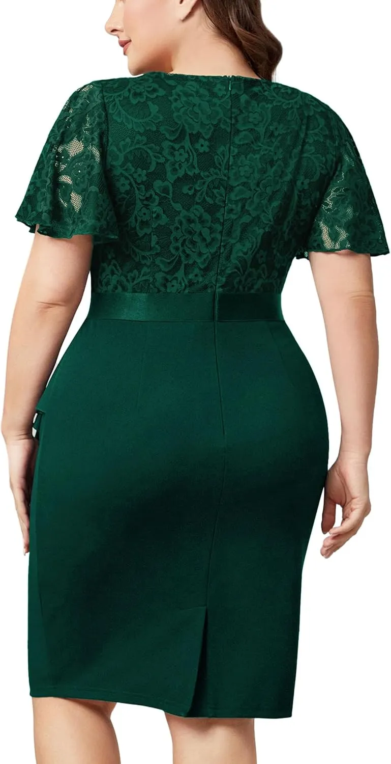 Miusol Women's Plus Size Lace Chiffon V Neck Wedding Guest Elegant Butterfly Sleeves Cocktail Dress