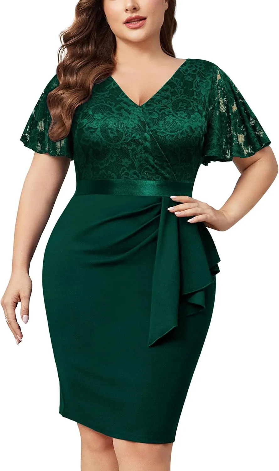 Miusol Women's Plus Size Lace Chiffon V Neck Wedding Guest Elegant Butterfly Sleeves Cocktail Dress