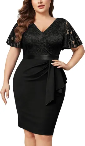 Miusol Women's Plus Size Lace Chiffon V Neck Wedding Guest Elegant Butterfly Sleeves Cocktail Dress