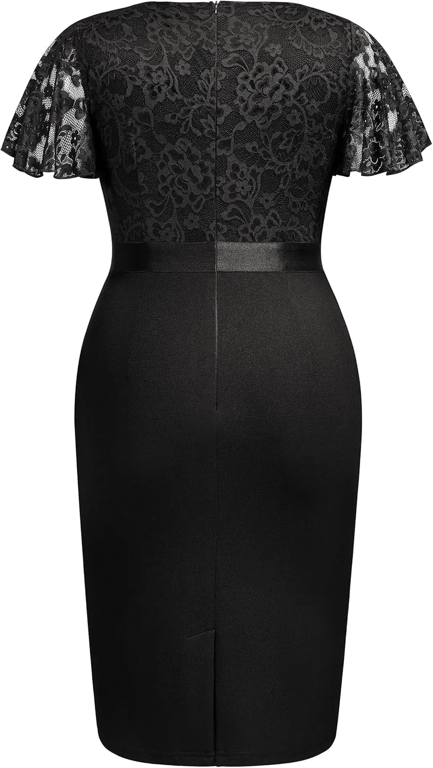 Miusol Women's Plus Size Lace Chiffon V Neck Wedding Guest Elegant Butterfly Sleeves Cocktail Dress