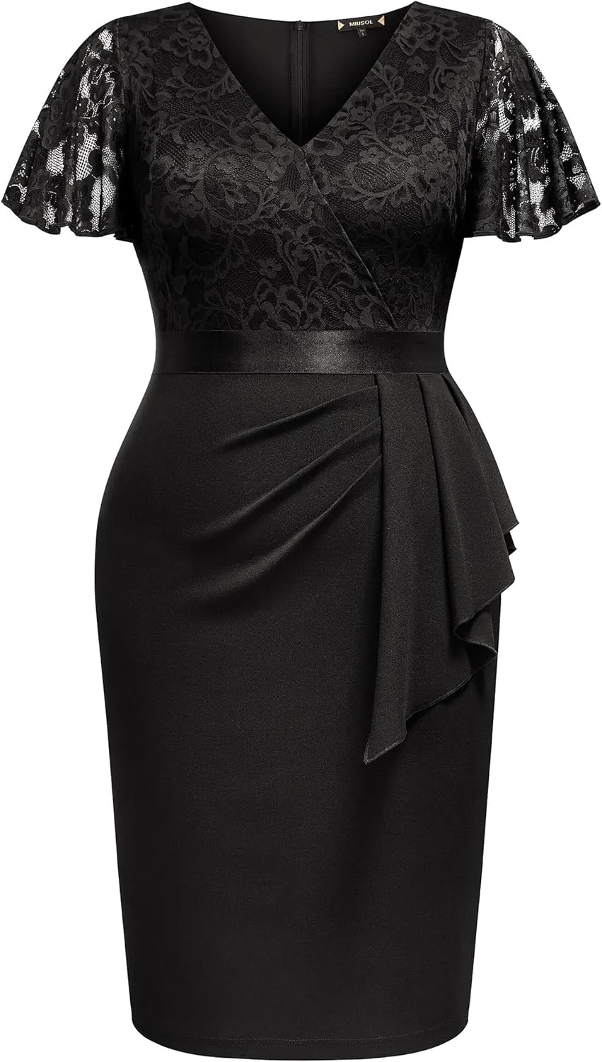 Miusol Women's Plus Size Lace Chiffon V Neck Wedding Guest Elegant Butterfly Sleeves Cocktail Dress