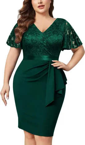 Miusol Women's Plus Size Lace Chiffon V Neck Wedding Guest Elegant Butterfly Sleeves Cocktail Dress