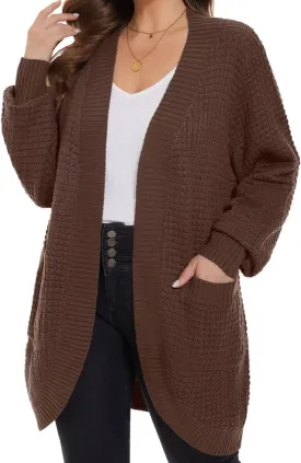 MONNURO Womens Plus Size Open Front Cardigan Waffle Knit Long Sleeve Sweaters Tops 2025 Fall Coat Outerwear with Pockets