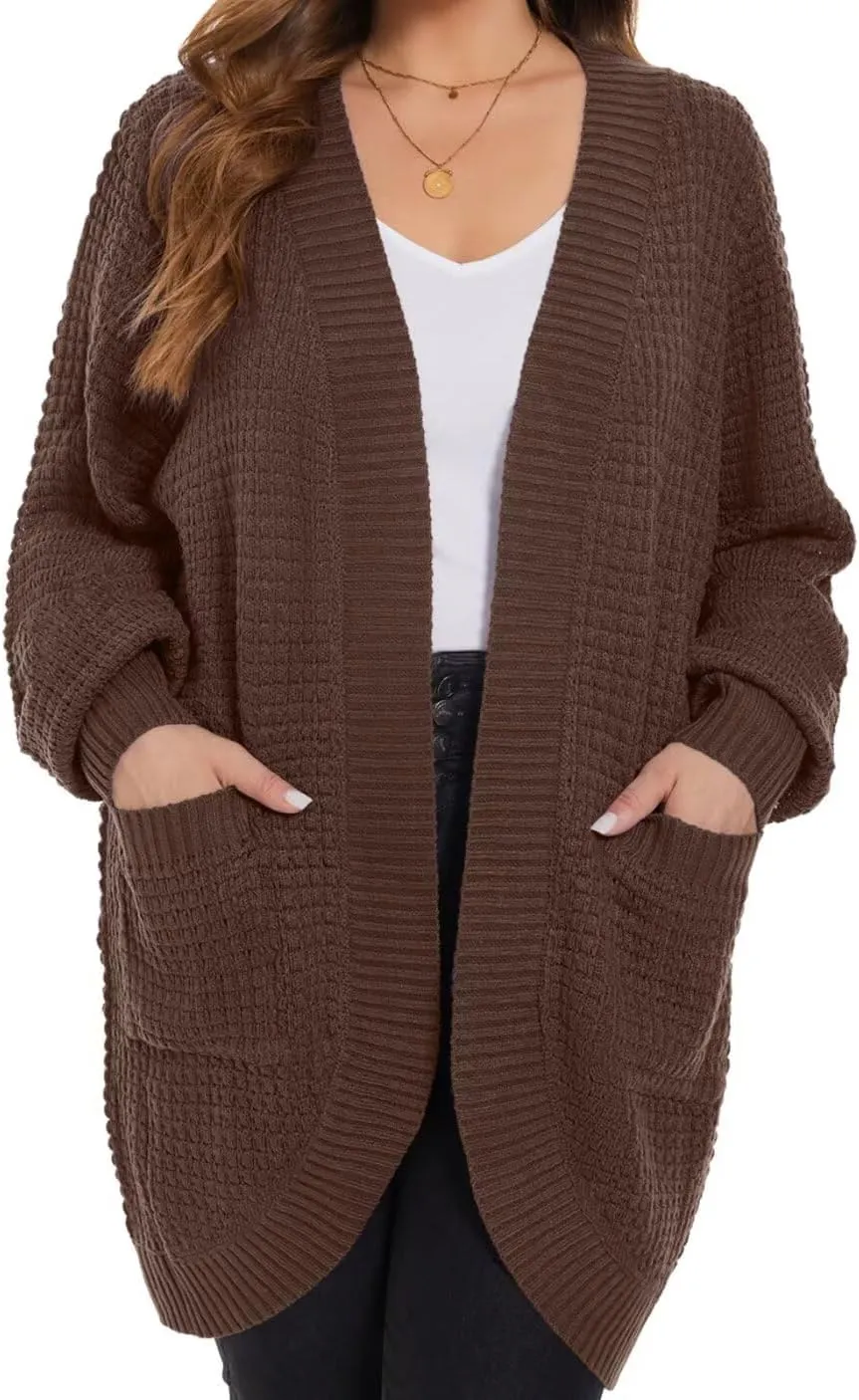 MONNURO Womens Plus Size Open Front Cardigan Waffle Knit Long Sleeve Sweaters Tops 2025 Fall Coat Outerwear with Pockets