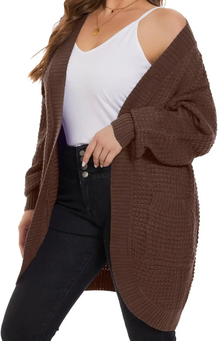 MONNURO Womens Plus Size Open Front Cardigan Waffle Knit Long Sleeve Sweaters Tops 2025 Fall Coat Outerwear with Pockets