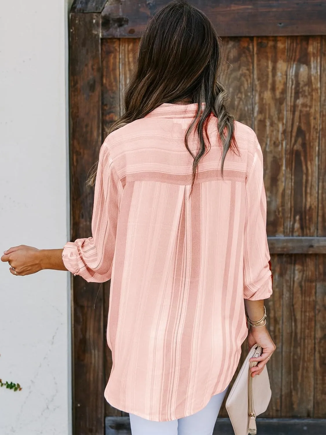 Mutitop Womens Button Down Shirts Striped Dress Shirts Long Sleeve Textured Blouse Collared Work Office Top Casual Tunic