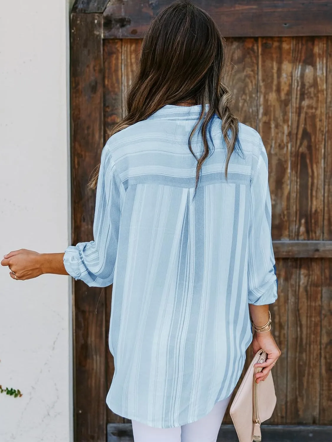 Mutitop Womens Button Down Shirts Striped Dress Shirts Long Sleeve Textured Blouse Collared Work Office Top Casual Tunic