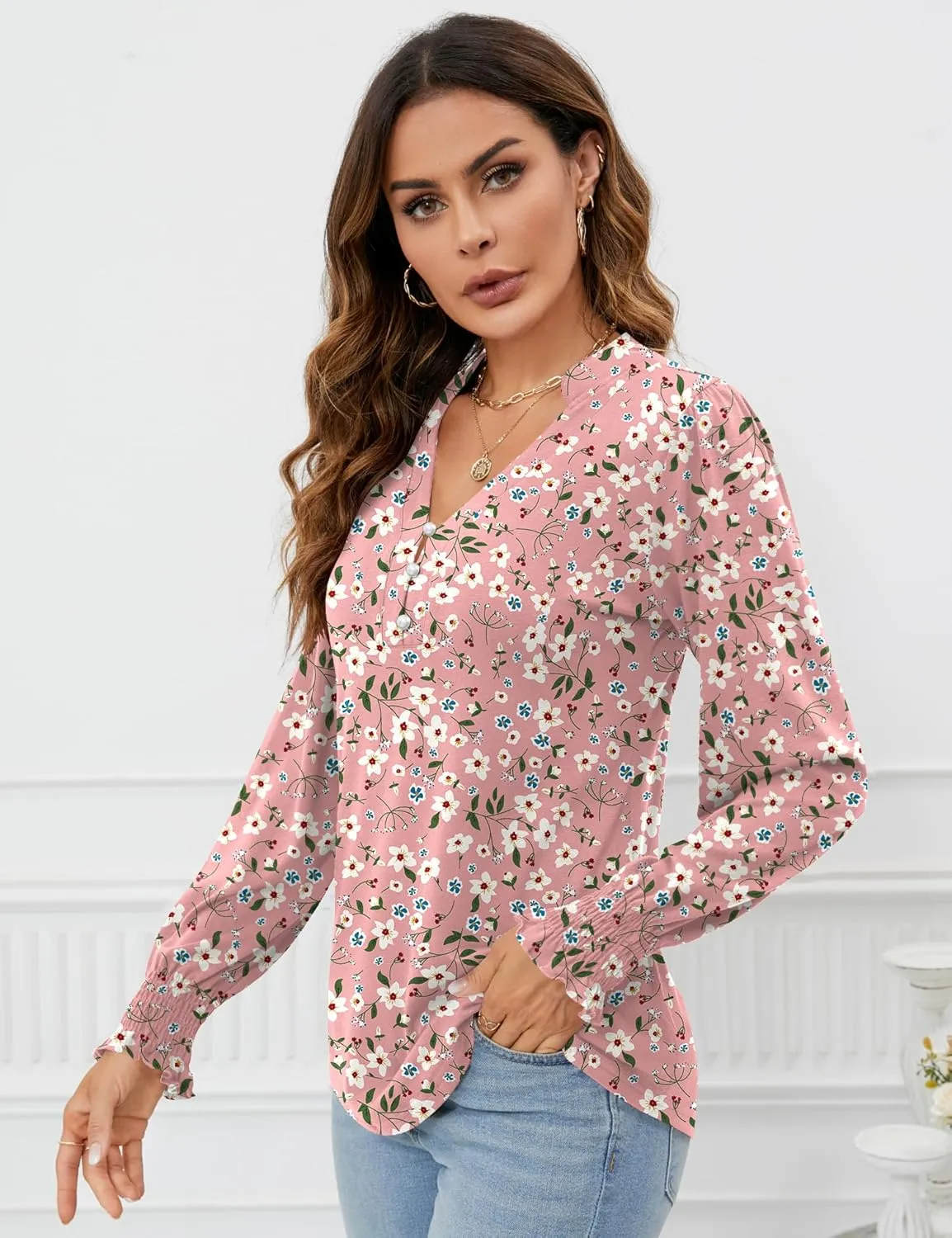 Rapbin Womens V Neck Puff Long Sleeve Button Down Tunic Blouses Fall Tops 2024 Ruffle Cuffs Dressy Casual T-Shirts