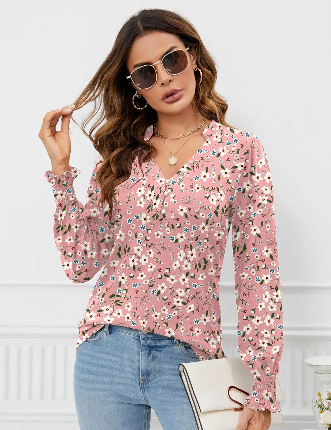 Rapbin Womens V Neck Puff Long Sleeve Button Down Tunic Blouses Fall Tops 2024 Ruffle Cuffs Dressy Casual T-Shirts