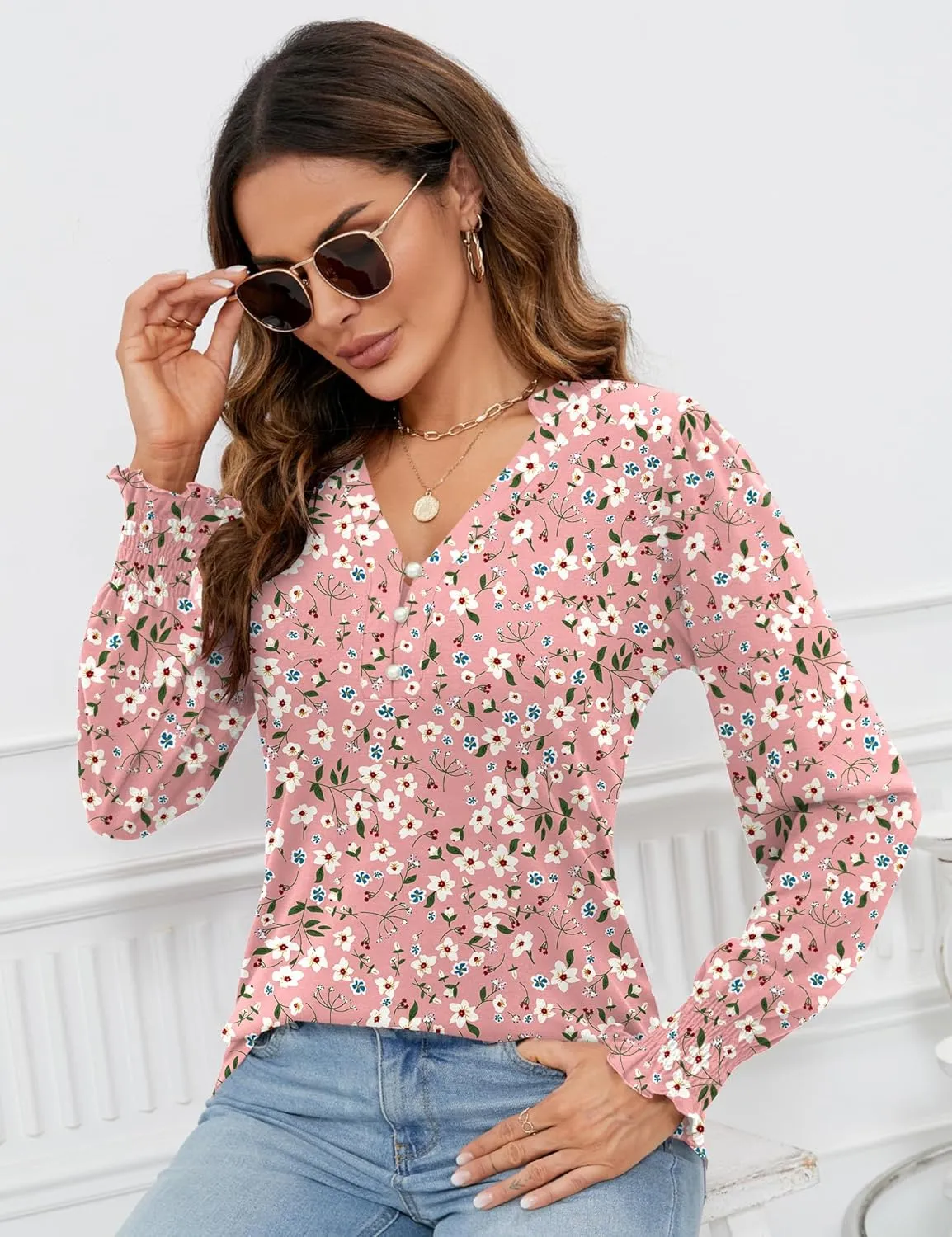 Rapbin Womens V Neck Puff Long Sleeve Button Down Tunic Blouses Fall Tops 2024 Ruffle Cuffs Dressy Casual T-Shirts