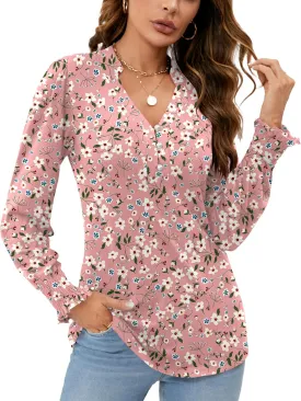 Rapbin Womens V Neck Puff Long Sleeve Button Down Tunic Blouses Fall Tops 2024 Ruffle Cuffs Dressy Casual T-Shirts