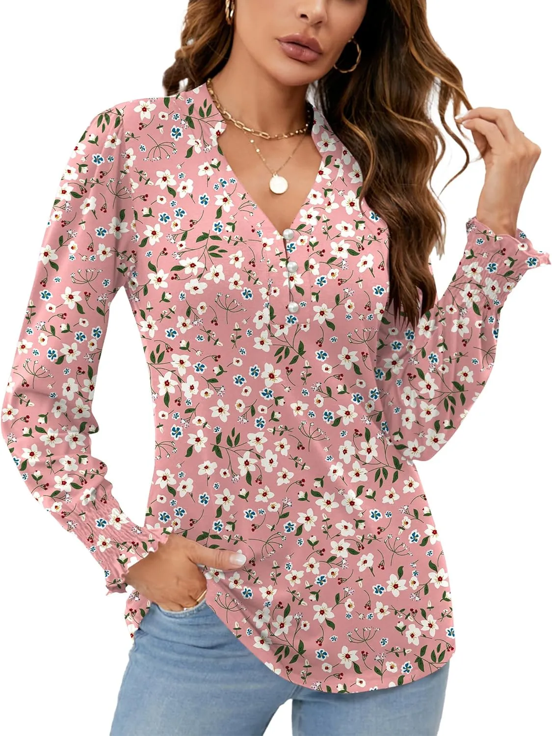 Rapbin Womens V Neck Puff Long Sleeve Button Down Tunic Blouses Fall Tops 2024 Ruffle Cuffs Dressy Casual T-Shirts