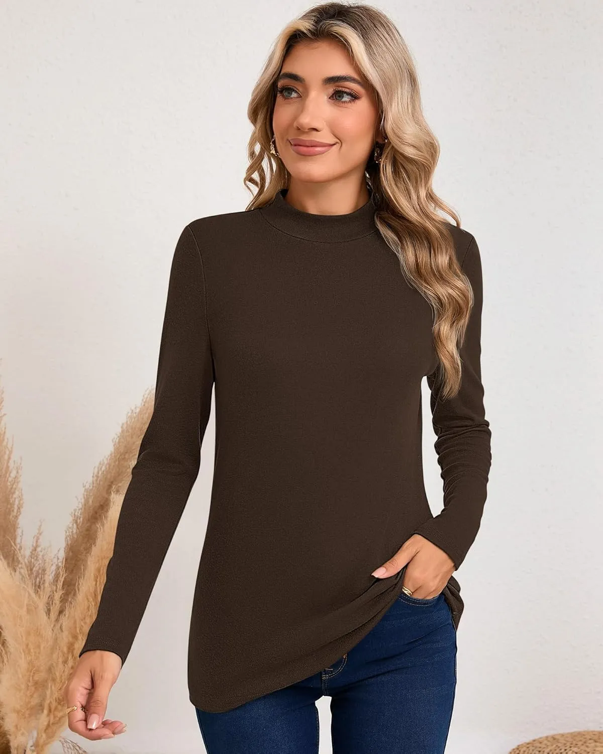 Riyiper 3 Pack Women's Mock Neck Tops, Long Sleeve Casual Shirts Slim Fitted Basic T Shirts Lightweight Base Layer Pullover