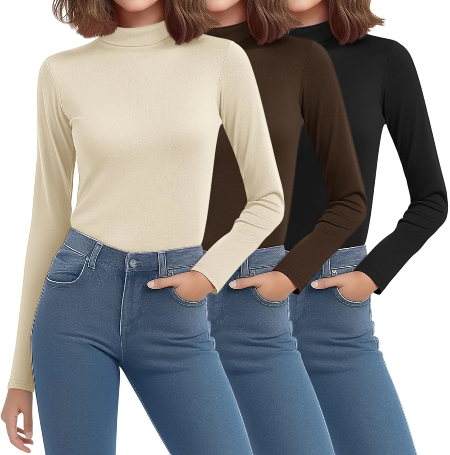 Riyiper 3 Pack Women's Mock Neck Tops, Long Sleeve Casual Shirts Slim Fitted Basic T Shirts Lightweight Base Layer Pullover