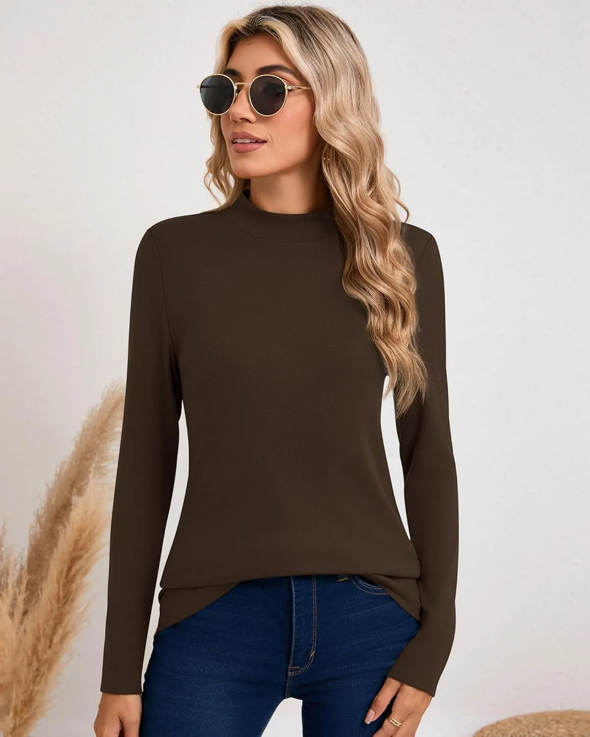 Riyiper 3 Pack Women's Mock Neck Tops, Long Sleeve Casual Shirts Slim Fitted Basic T Shirts Lightweight Base Layer Pullover