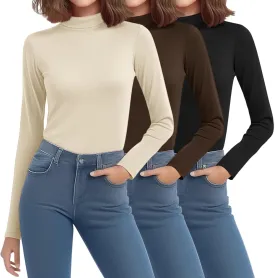 Riyiper 3 Pack Women's Mock Neck Tops, Long Sleeve Casual Shirts Slim Fitted Basic T Shirts Lightweight Base Layer Pullover