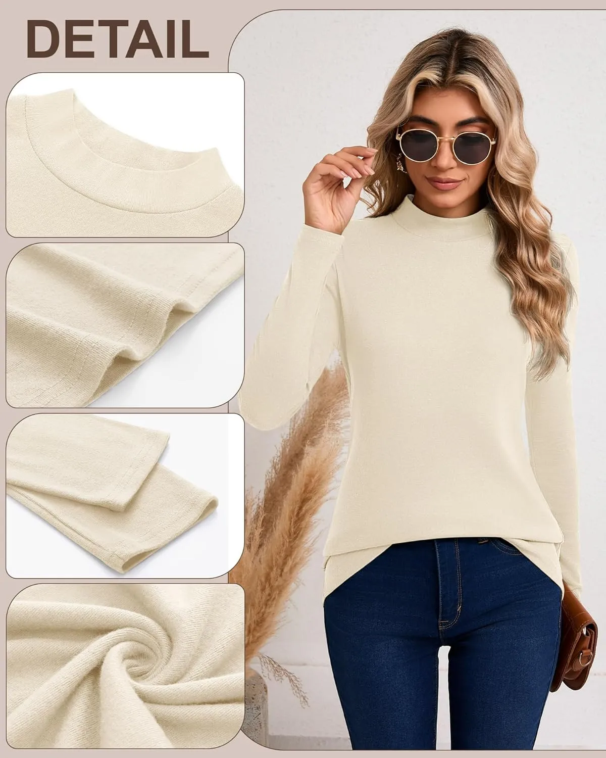 Riyiper 3 Pack Women's Mock Neck Tops, Long Sleeve Casual Shirts Slim Fitted Basic T Shirts Lightweight Base Layer Pullover