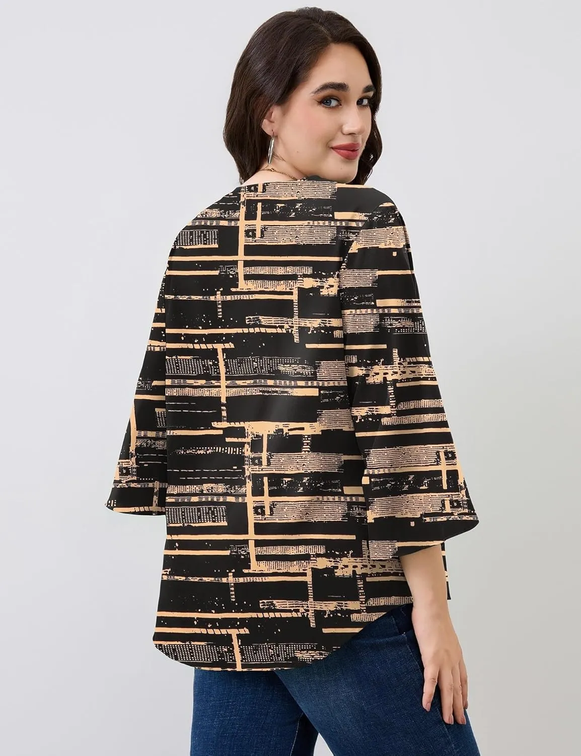 Romanstii Plus Size 3/4 Length Sleeve Womens Tops V-Neck Flowy Blouses Business Casual Summer Shirts 2025