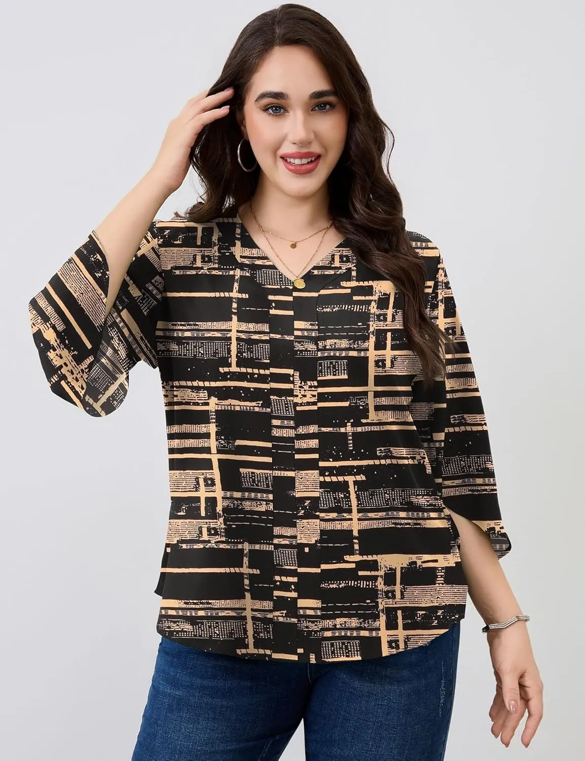 Romanstii Plus Size 3/4 Length Sleeve Womens Tops V-Neck Flowy Blouses Business Casual Summer Shirts 2025