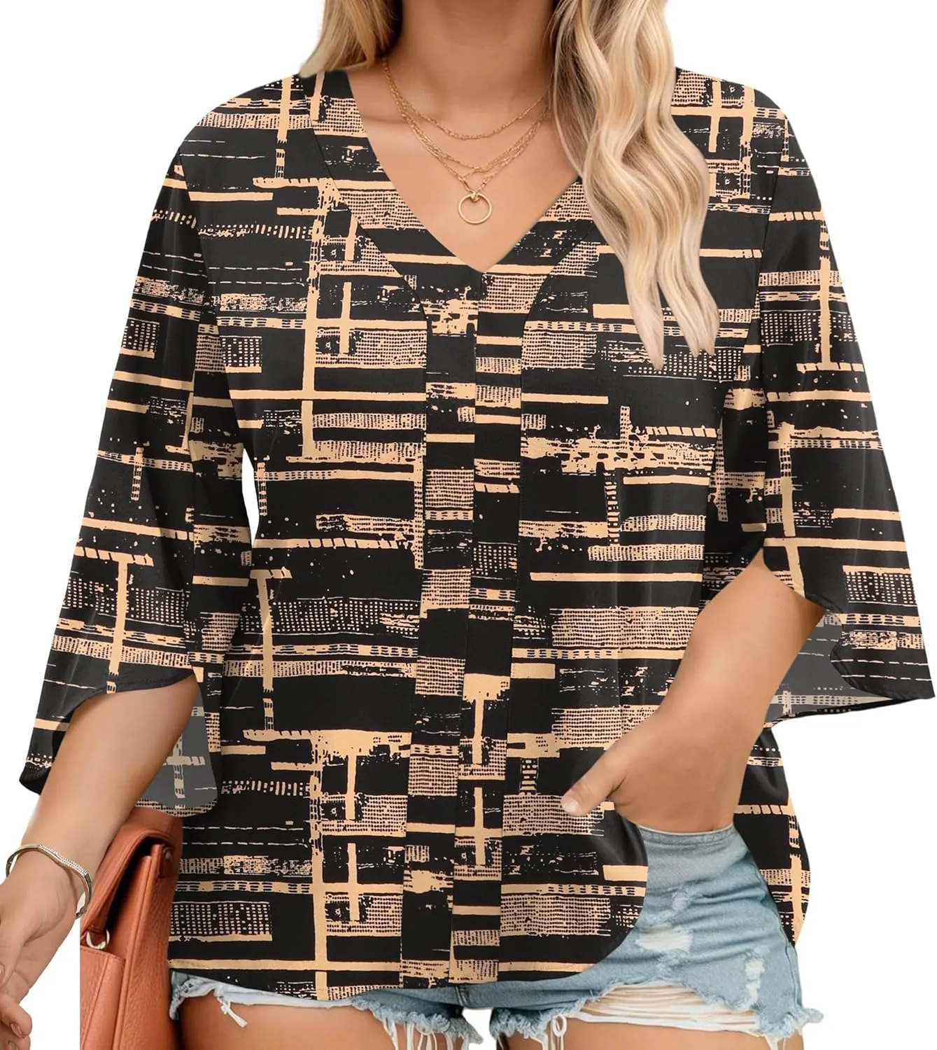 Romanstii Plus Size 3/4 Length Sleeve Womens Tops V-Neck Flowy Blouses Business Casual Summer Shirts 2025