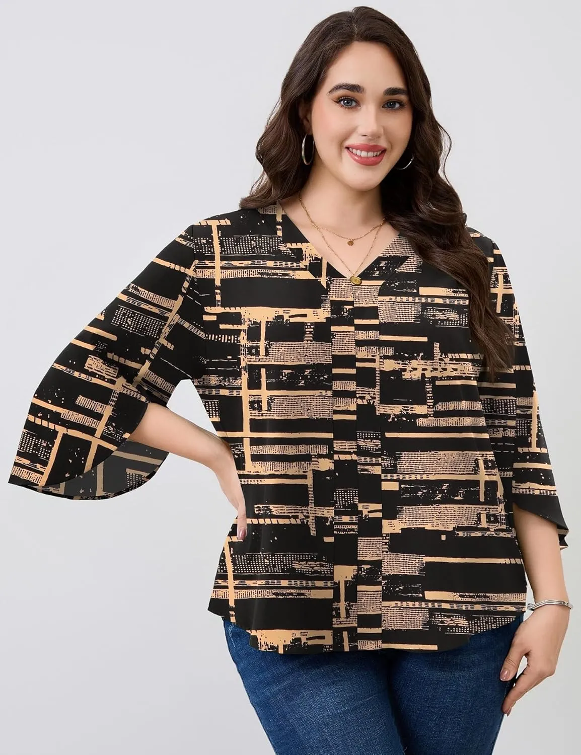 Romanstii Plus Size 3/4 Length Sleeve Womens Tops V-Neck Flowy Blouses Business Casual Summer Shirts 2025