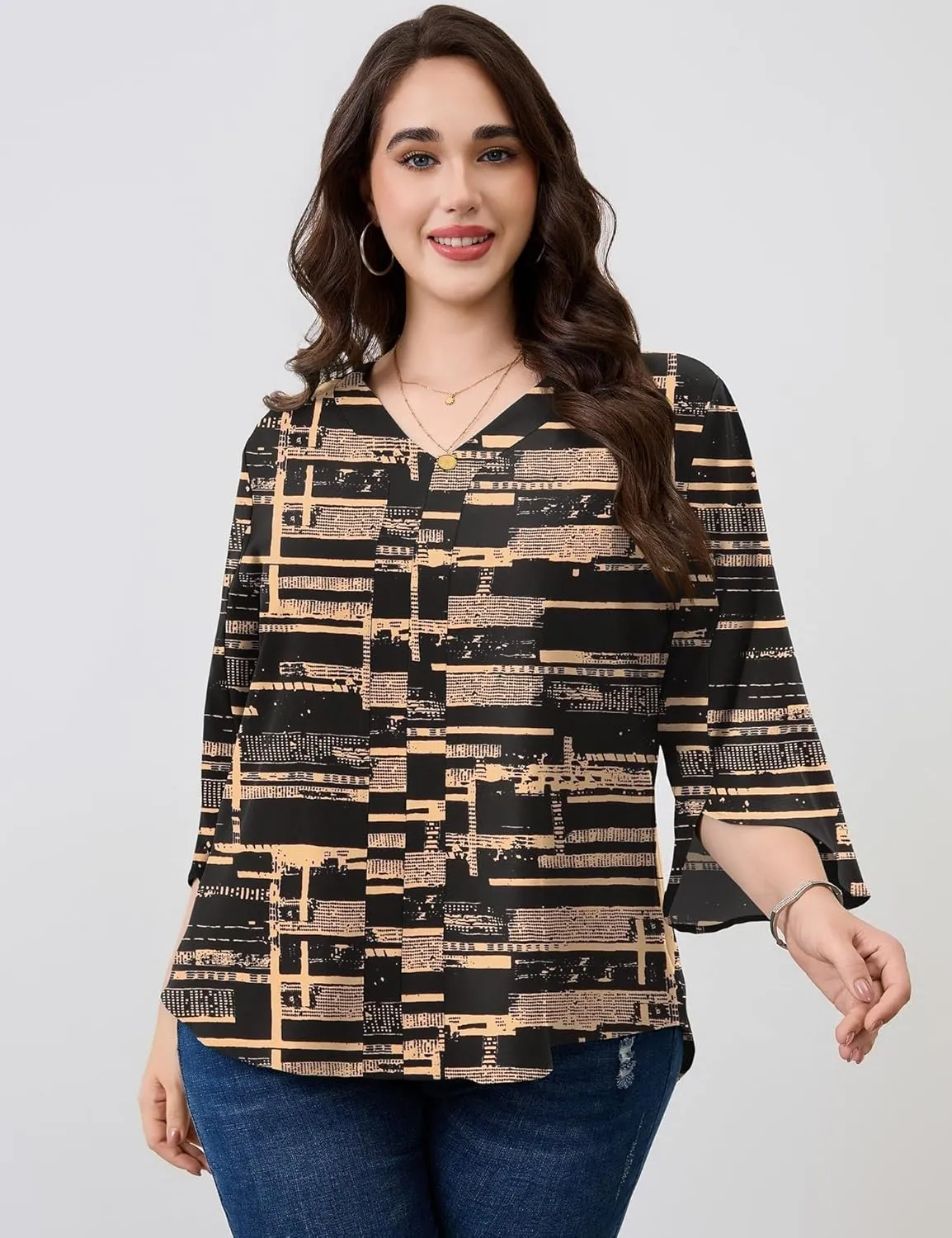 Romanstii Plus Size 3/4 Length Sleeve Womens Tops V-Neck Flowy Blouses Business Casual Summer Shirts 2025