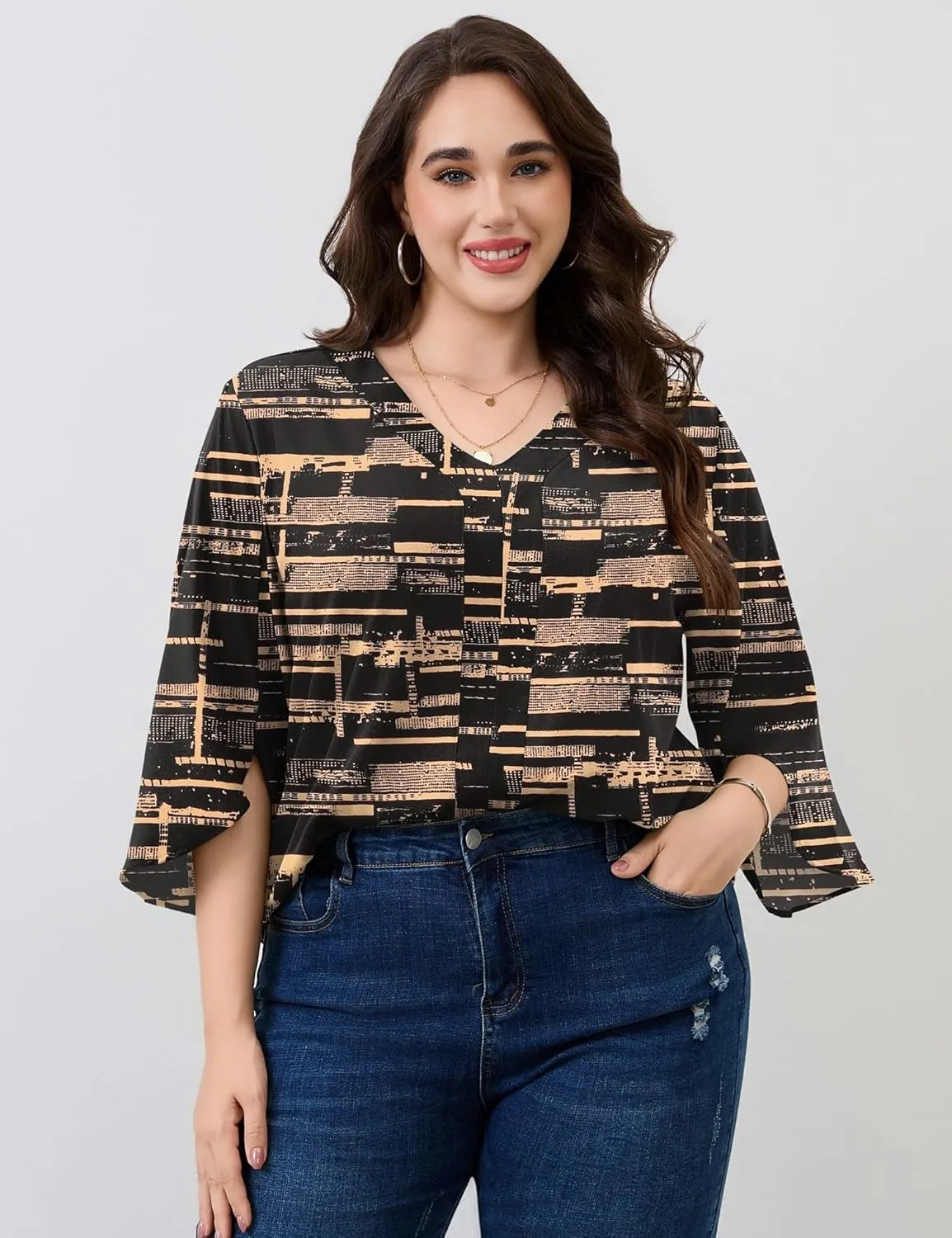 Romanstii Plus Size 3/4 Length Sleeve Womens Tops V-Neck Flowy Blouses Business Casual Summer Shirts 2025