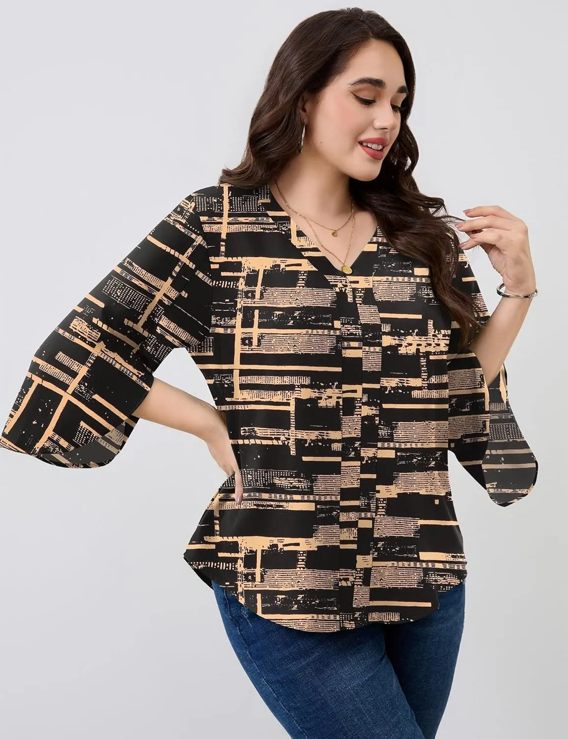 Romanstii Plus Size 3/4 Length Sleeve Womens Tops V-Neck Flowy Blouses Business Casual Summer Shirts 2025