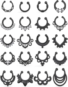 SCERRING Fake Septum Nose Hoop Rings Clear CZ Faux Non Pierced Clicker Hanger Nose Septum Ring Clip On Body Piercing Jewelry 20PCS