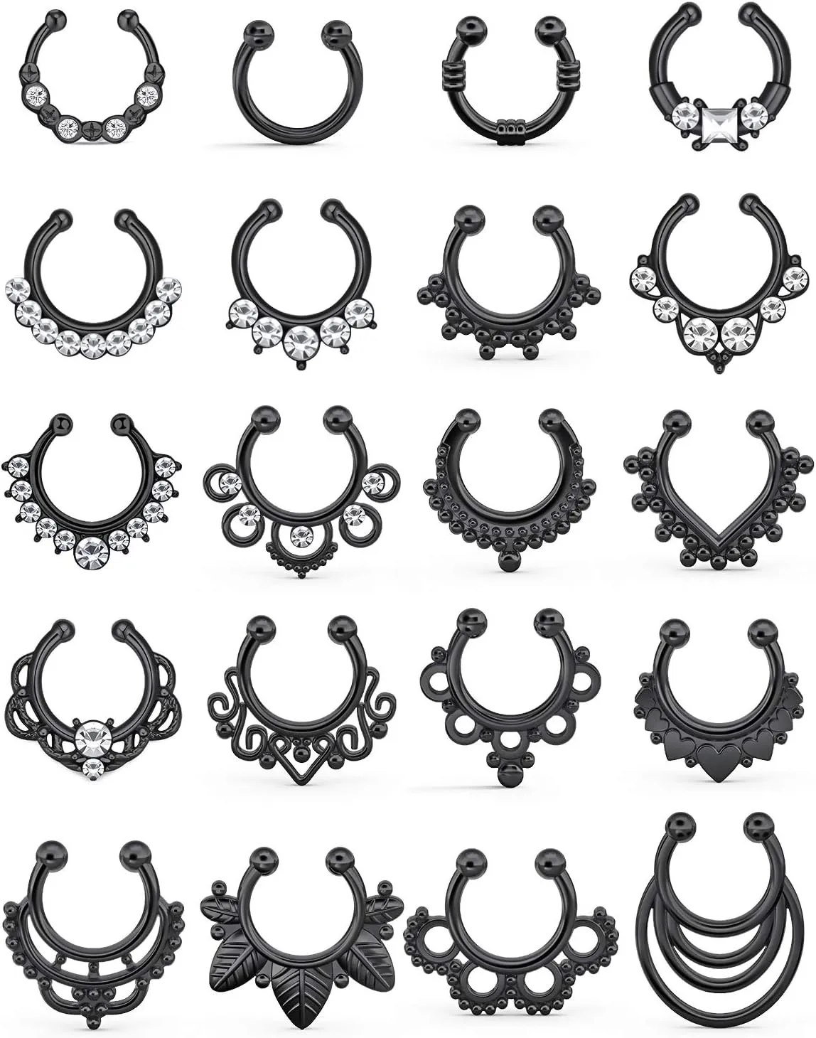 SCERRING Fake Septum Nose Hoop Rings Clear CZ Faux Non Pierced Clicker Hanger Nose Septum Ring Clip On Body Piercing Jewelry 20PCS