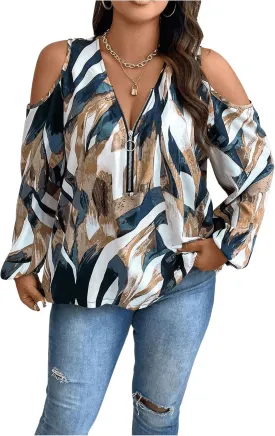 SOLY HUX Women's Plus Size Blouse Allover Print Cold Shoulder Bishop Long Sleeve Half Zip Tops