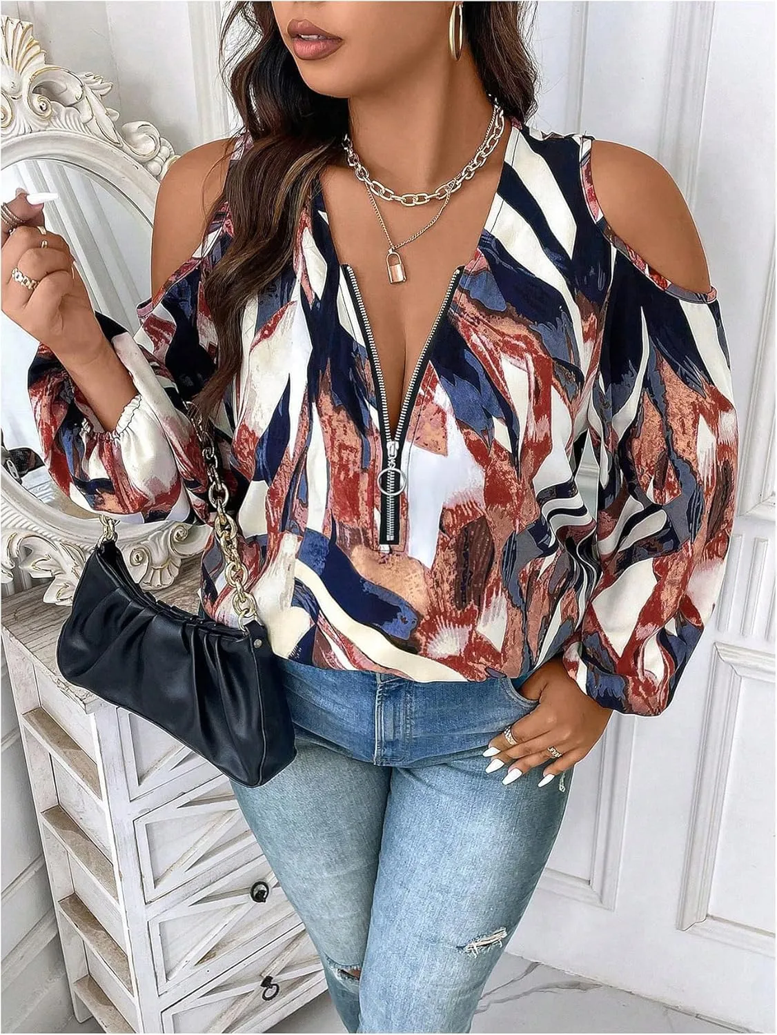 SOLY HUX Women's Plus Size Blouse Allover Print Cold Shoulder Bishop Long Sleeve Half Zip Tops