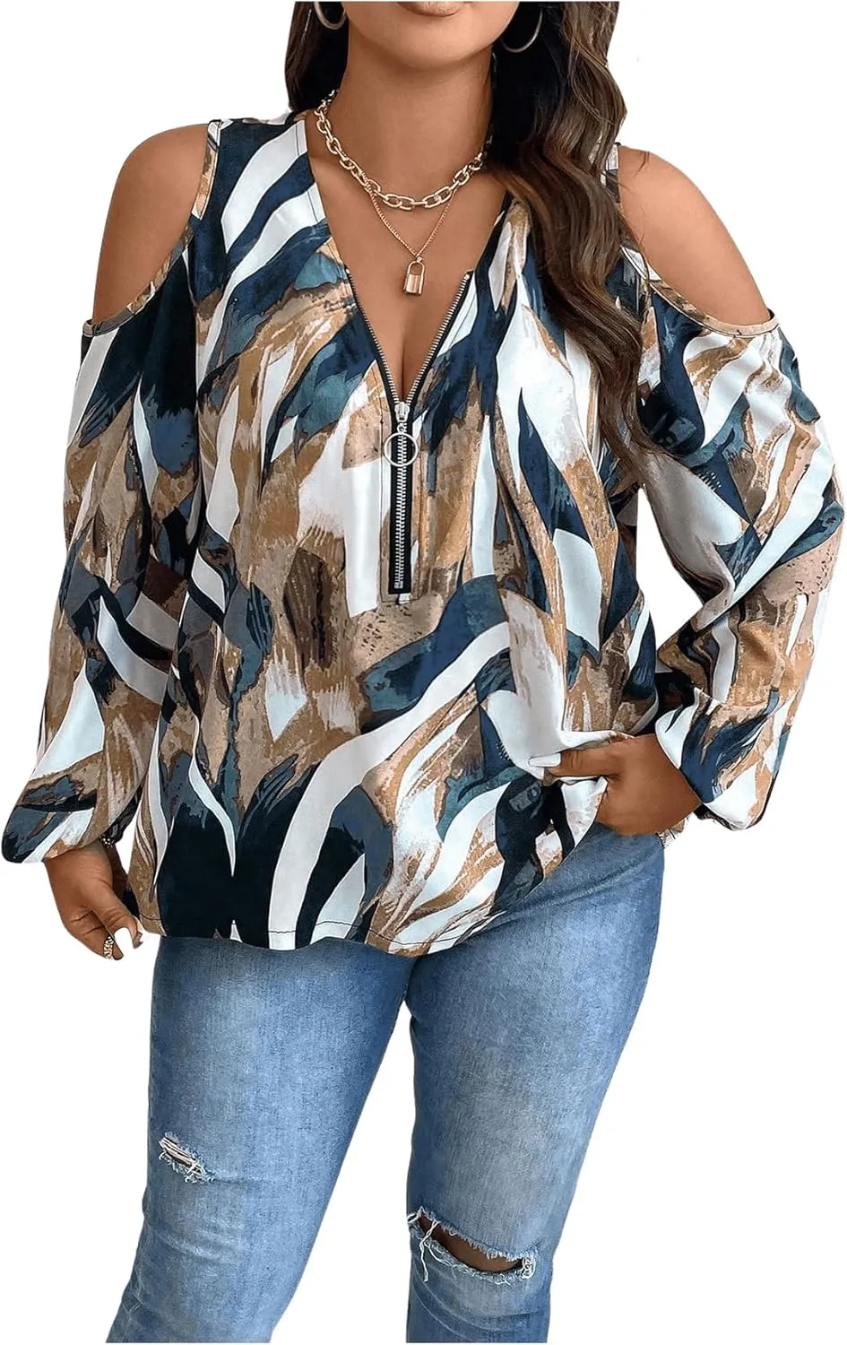 SOLY HUX Women's Plus Size Blouse Allover Print Cold Shoulder Bishop Long Sleeve Half Zip Tops