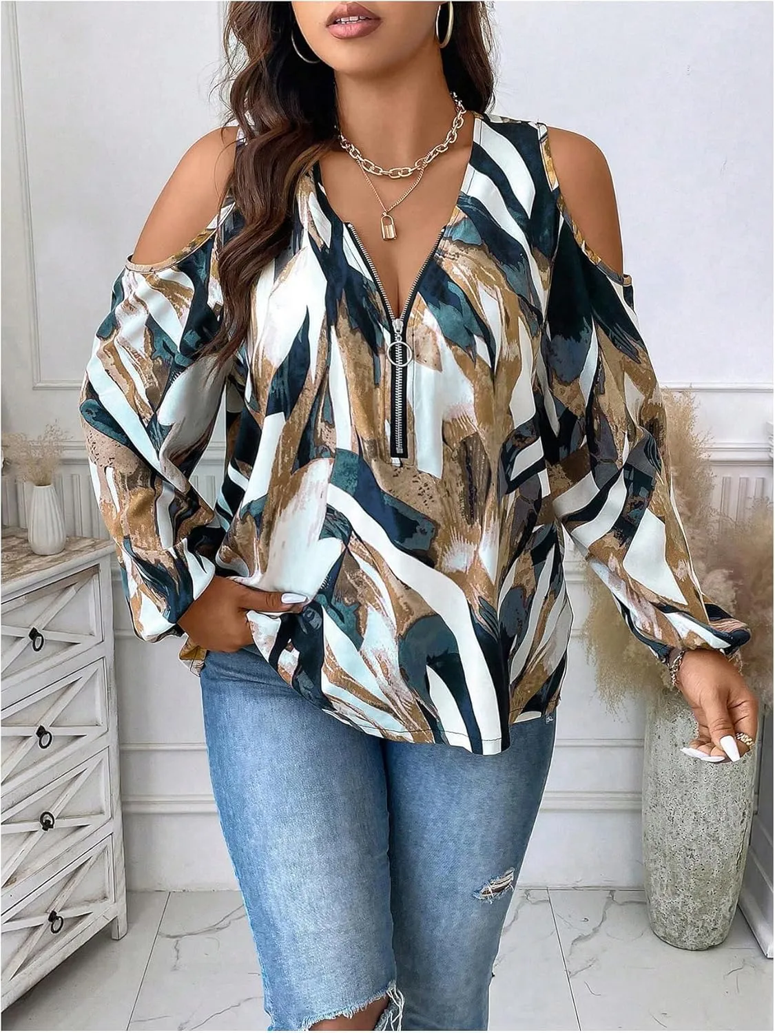 SOLY HUX Women's Plus Size Blouse Allover Print Cold Shoulder Bishop Long Sleeve Half Zip Tops