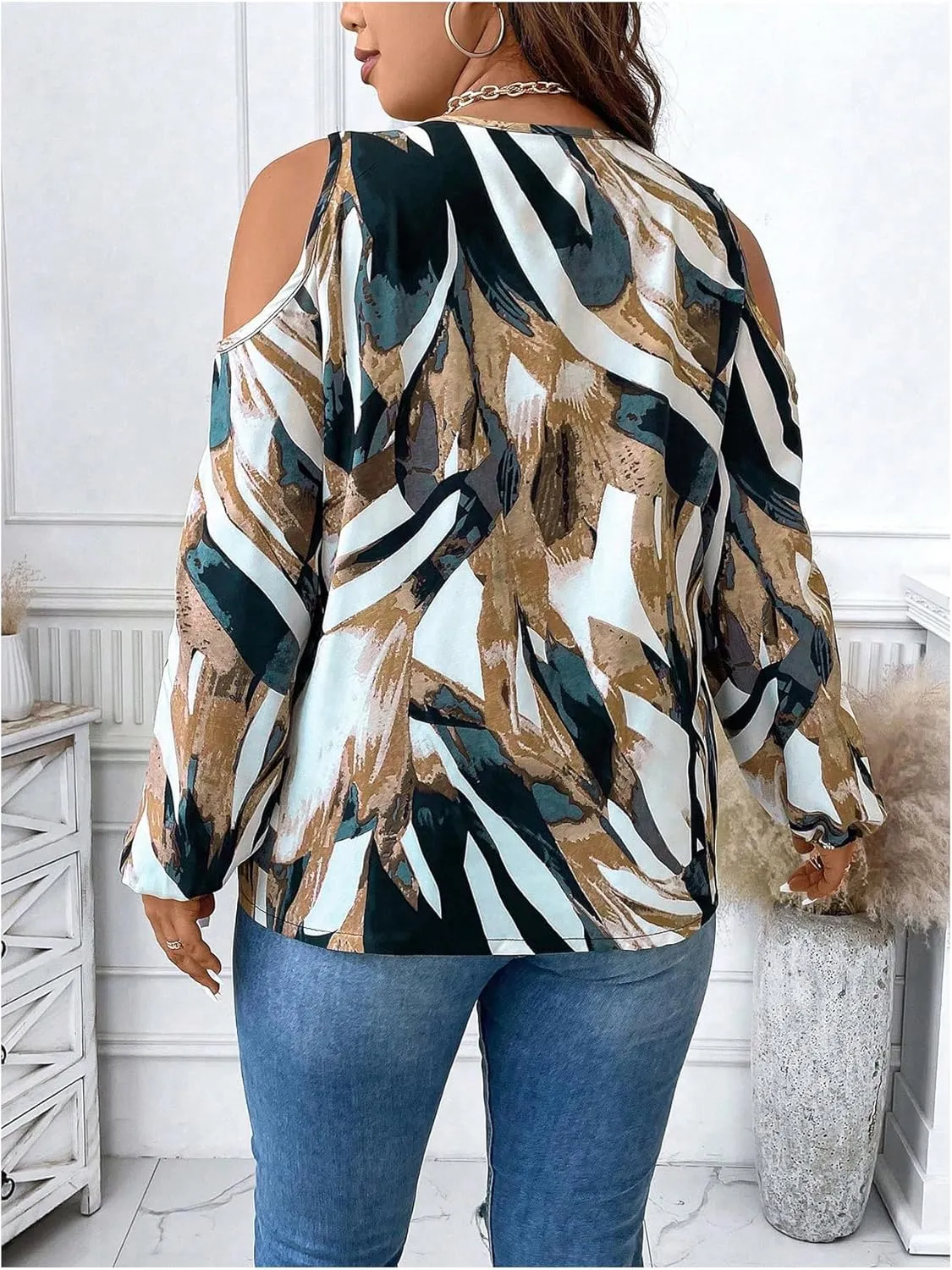 SOLY HUX Women's Plus Size Blouse Allover Print Cold Shoulder Bishop Long Sleeve Half Zip Tops