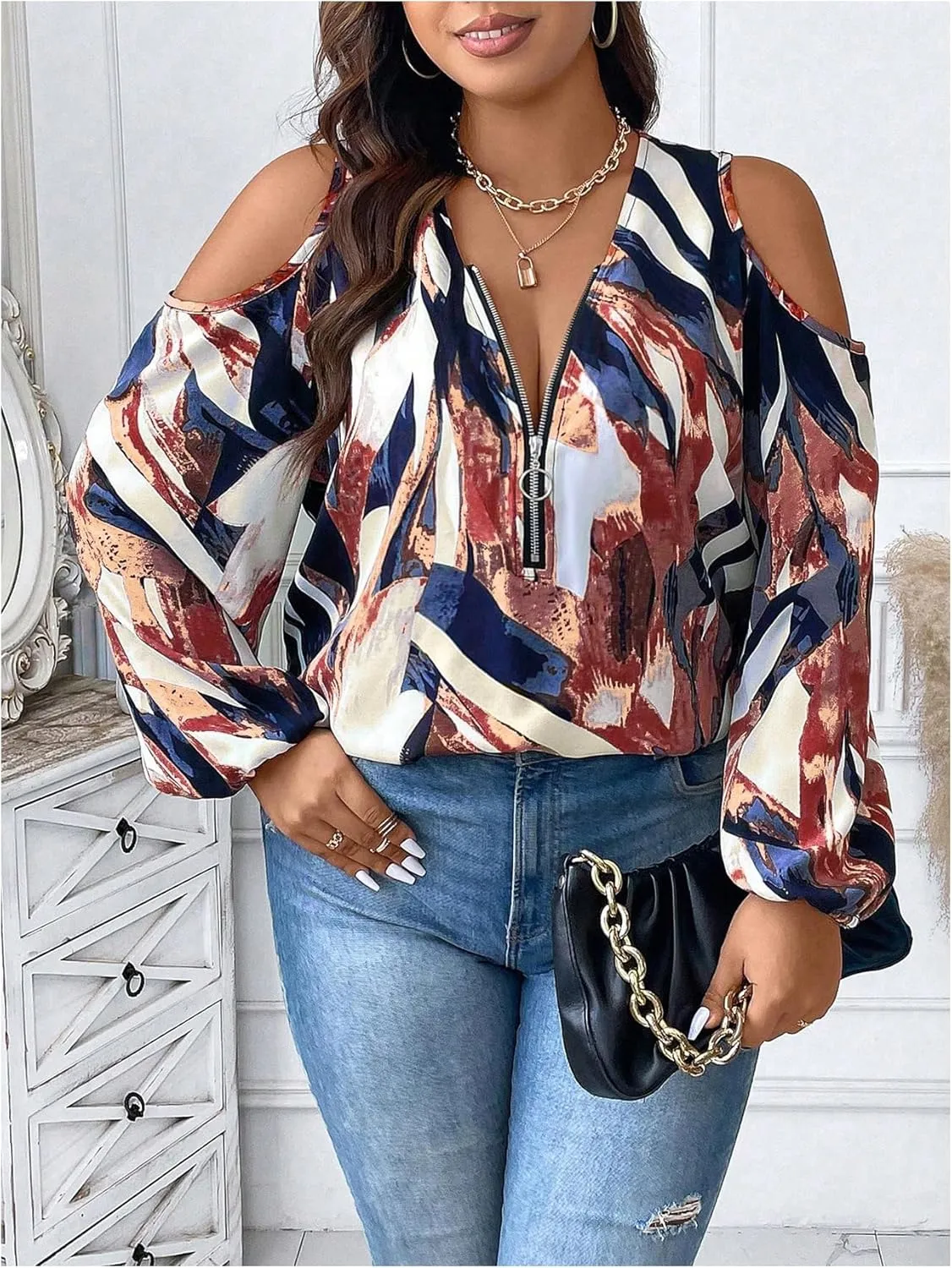 SOLY HUX Women's Plus Size Blouse Allover Print Cold Shoulder Bishop Long Sleeve Half Zip Tops