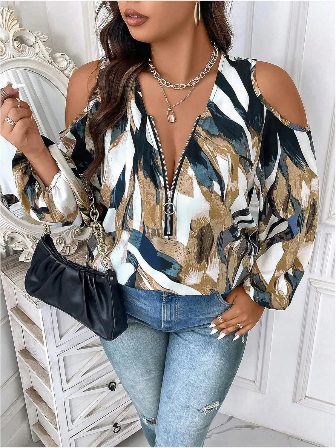 SOLY HUX Women's Plus Size Blouse Allover Print Cold Shoulder Bishop Long Sleeve Half Zip Tops