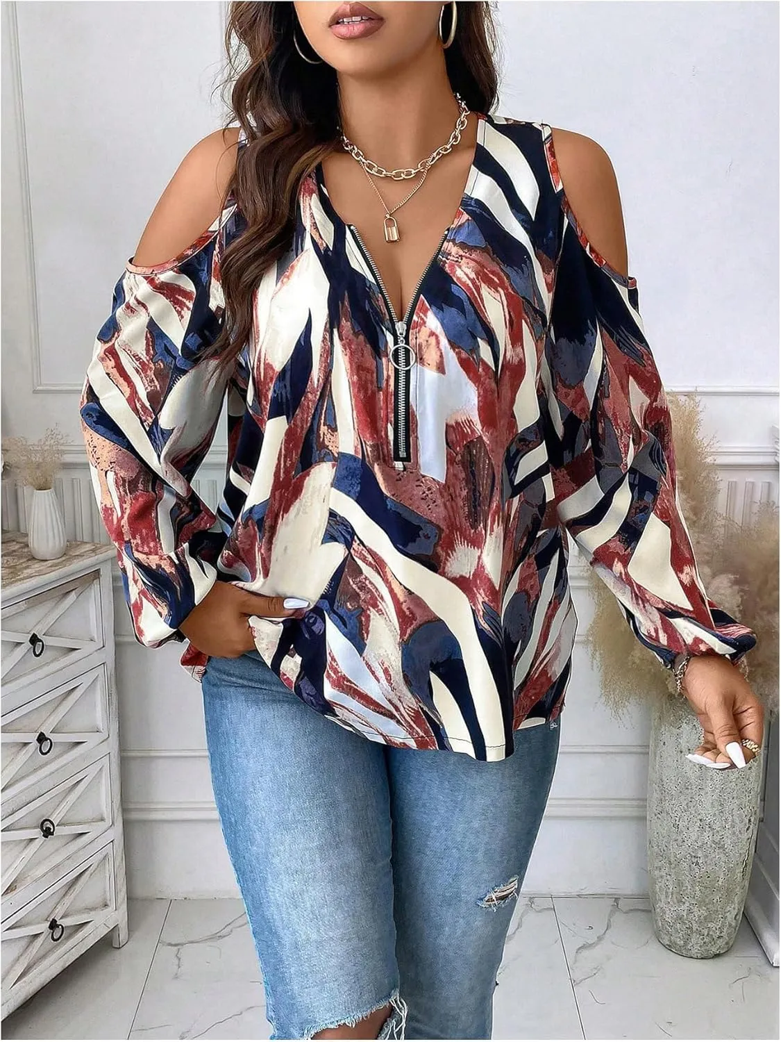 SOLY HUX Women's Plus Size Blouse Allover Print Cold Shoulder Bishop Long Sleeve Half Zip Tops