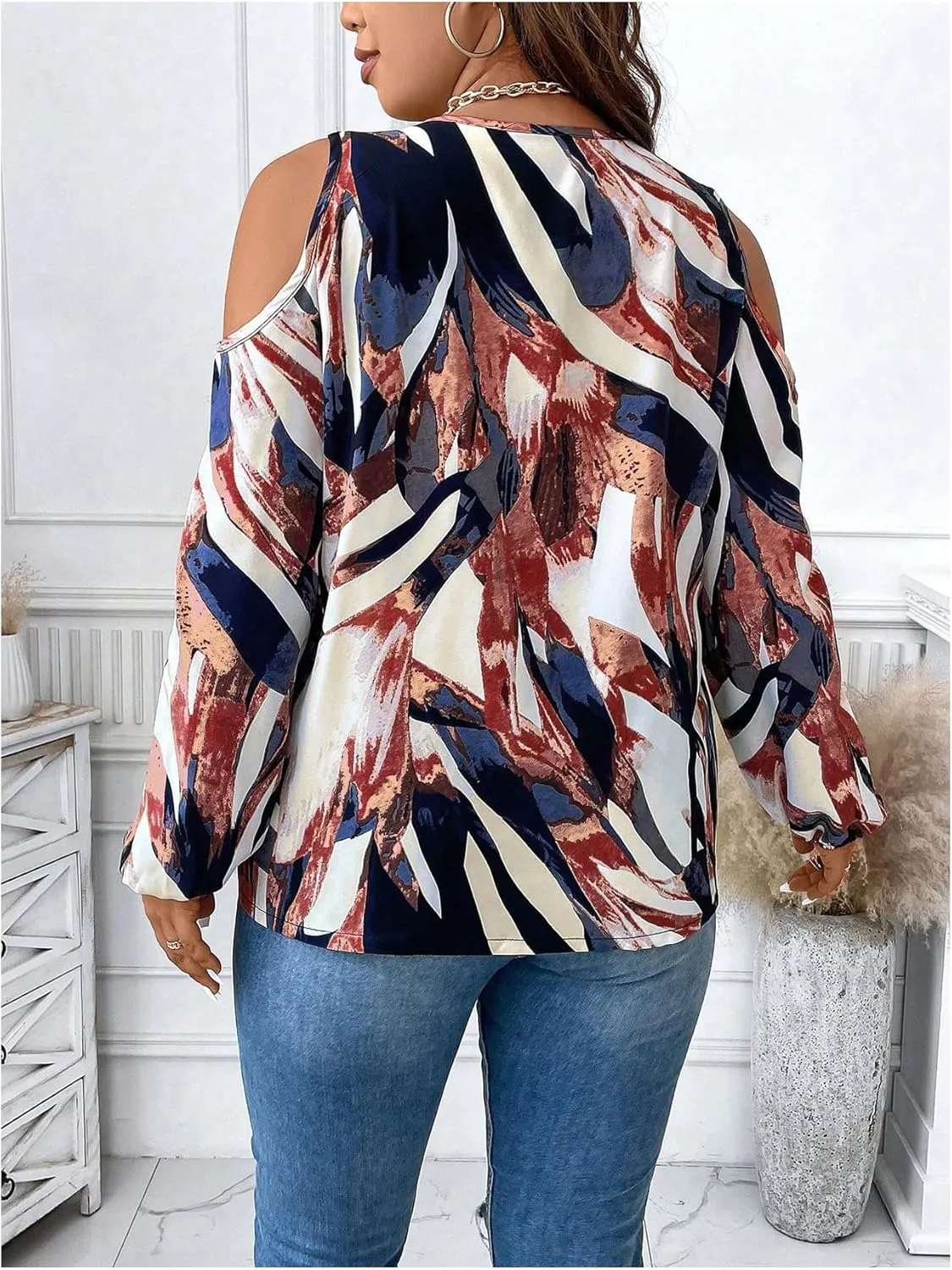 SOLY HUX Women's Plus Size Blouse Allover Print Cold Shoulder Bishop Long Sleeve Half Zip Tops